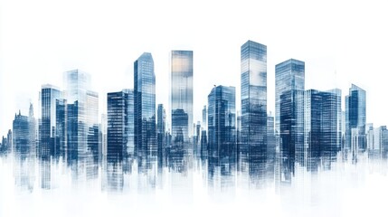 Obraz premium Wide panoramic view of glass skyscrapers and high-rise buildings, isolated on white background