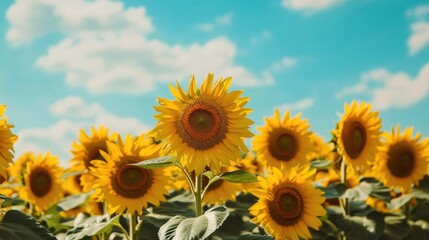 Fototapeta premium A sea of vibrant sunflowers under a radiant blue sky, embodying the joy and life of a beautiful summer day