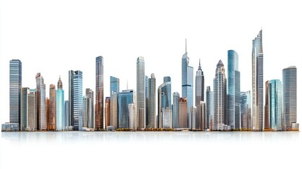 Wide panoramic view of residential and commercial skyscrapers, isolated on white background