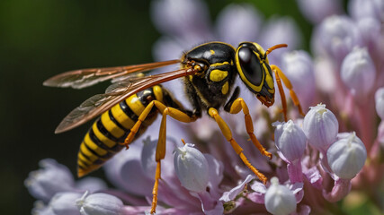 The common wasp (Vespula vulgaris) sucks the nectar from beautiful flowers