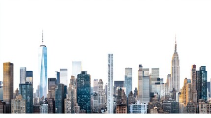 Fototapeta premium Wide panoramic view of sleek city office buildings and residential skyscrapers, isolated on white background