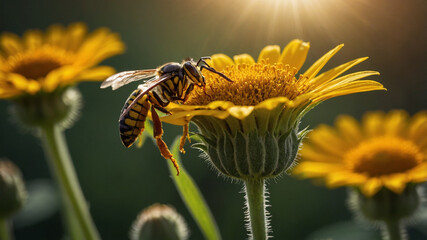 The common wasp (Vespula vulgaris) sucks the nectar from beautiful flowers