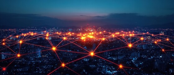 Aerial view of a cityscape with red lines connecting buildings, symbolizing a network.
