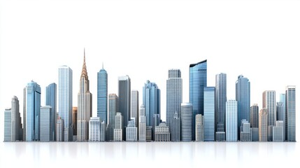 Fototapeta premium Wide panoramic view of sleek city office buildings and residential skyscrapers, isolated on white background