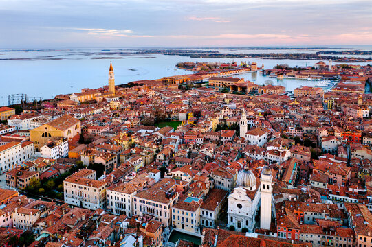 Aerial view of Venice at sunset, Veneto, Italy