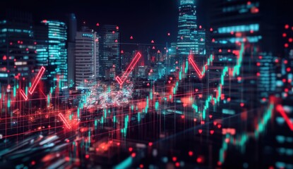 Obraz premium Financial Market Fluctuation Over a Cityscape