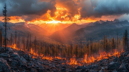 Fototapeta premium Fire engulfing the forest at sunset with dramatic clouds and mountains in the background.