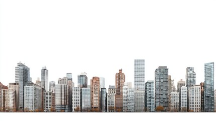 Obraz premium Wide-angle panorama of urban business district with towering buildings, isolated on white background