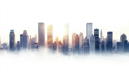 Naklejka premium Wide-angle panorama of urban business district with towering buildings, isolated on white background