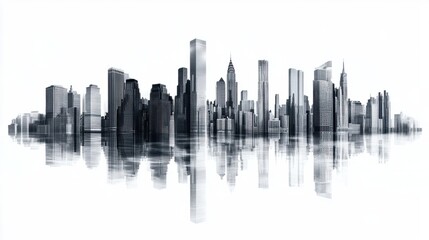 Naklejka premium Wide-angle panorama of urban business district with towering buildings, isolated on white background