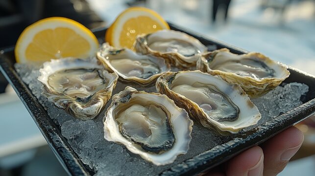 Ostras, frescas, servidas con lim&oacute;n, concepto de alimentaci&oacute;n basada en el mar y en moluscos marinos