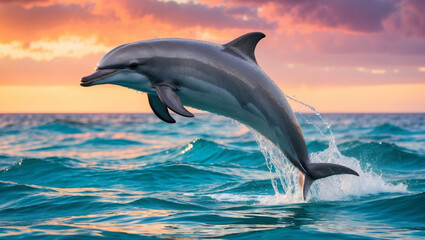 Obraz premium dolphins jumping with beautiful sunset. sunset dolphin cruise.