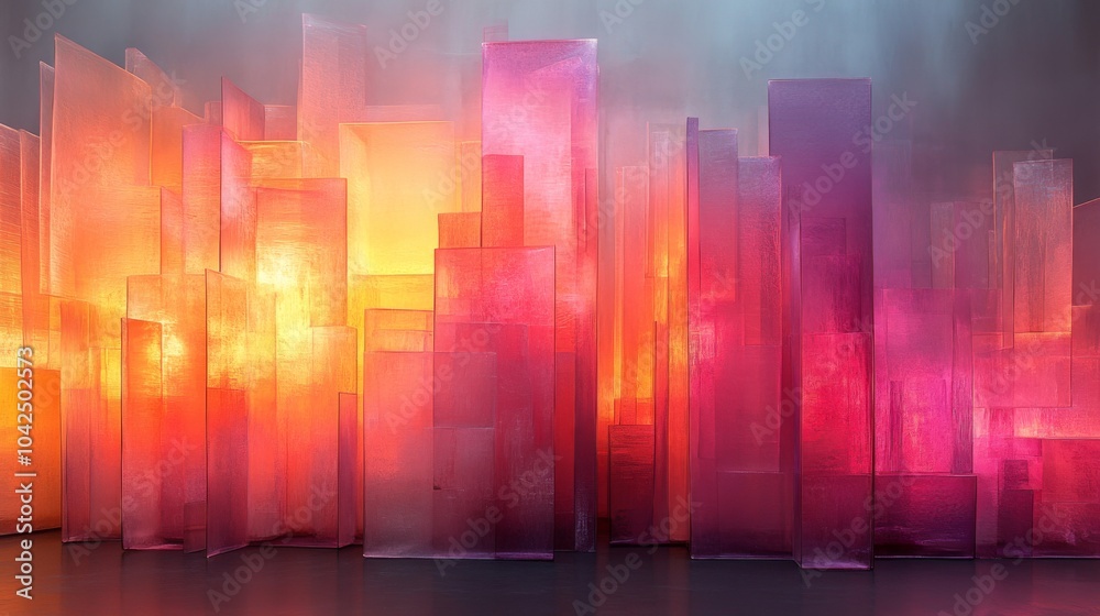 Poster an abstract representation of a city skyline illuminated by warm pink and orange shades, creating an