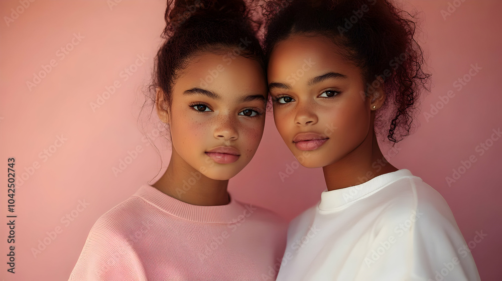 Sticker Two girls posing closely against a soft pink background.