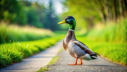 Obraz premium Duck drake standing on grass against road background