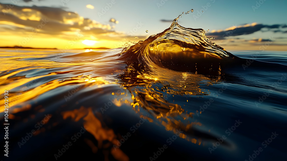 Poster Golden Sunset Water Wave Splashing, Dramatic Sky