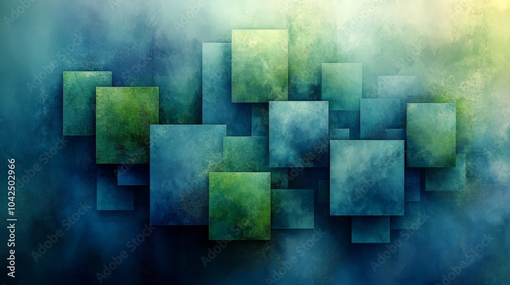 Poster This artwork showcases an arrangement of overlapping squares in various green and blue tones, creating a sense of depth and tranquility. The smooth textures enhance its abstract nature.