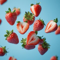 Foto comercial de frezas cayendo sobre fondo de estudio azul, fotograf&iacute;a de alta velocidad.