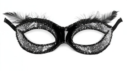 Black mask with silver glitter and small feather details, perfect for an elegant night party, isolated on white background