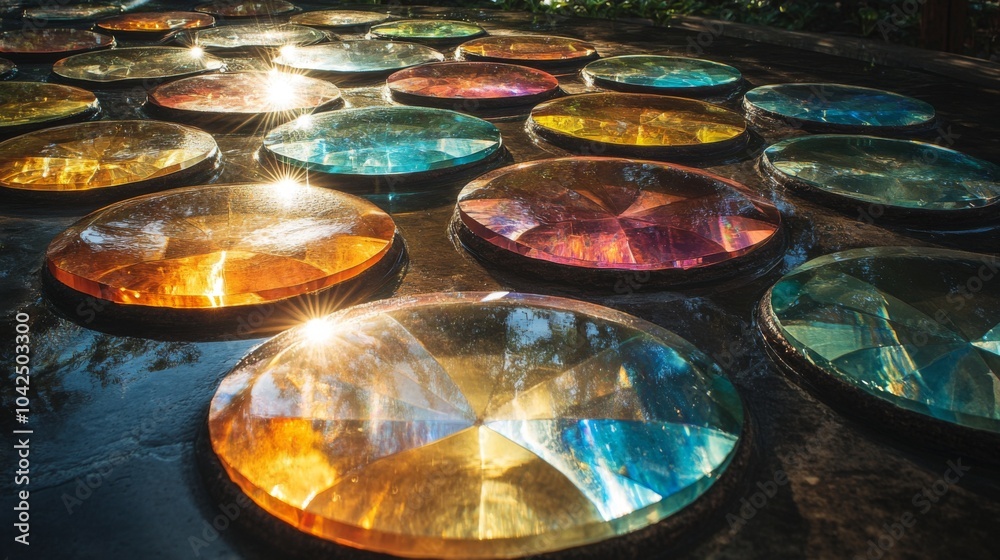 Aufkleber A series of colorful glass discs are arranged on a smooth surface, reflecting sunlight beautifully. The vibrant colors create a mesmerizing effect in a serene garden environment.