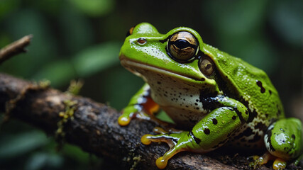 4k close up macro green frog in the forest