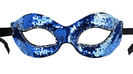 Blue sequin mask with ribbon ties and gemstone accents, shimmering for a fun night event, isolated on white background