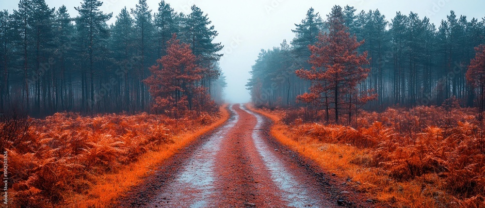 Poster a winding path through a misty forest in autumn