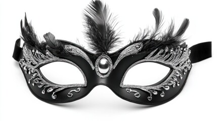 Elegant black mask with silver accents and feathers, ideal for a mysterious night party, isolated on white background