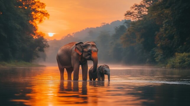 Paisaje con elefantes en Asia, pa&iacute;ses como Tailandia Vietnam Camboya y Laos usan elefantes para la productividad en el campo como animales de trabajo.

