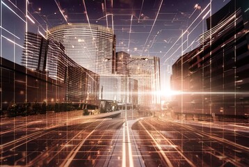 Futuristic skyline with bright lights technology