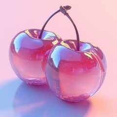 Diseño de cerezas de cristal, frutas artificiales para decoración, concepto de frutos rojos transparentes.
