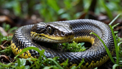 Obraz premium 4k close up snake in the forest junggle rock. python snake.