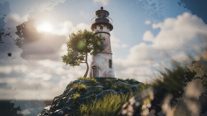 3D digital sketch of lighthouse on grassy coastal landscape with painterly effect.