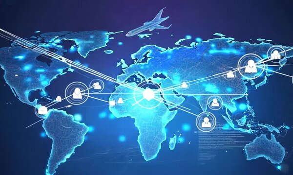 A blue background with a network of lines and dots that resemble a map of the world. The lines and dots are connected to each other, creating a sense of interconnectedness and globalization