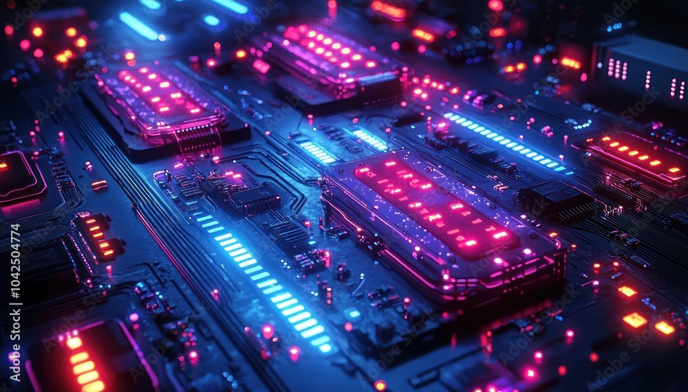 Poster futuristic circuit board with glowing leds