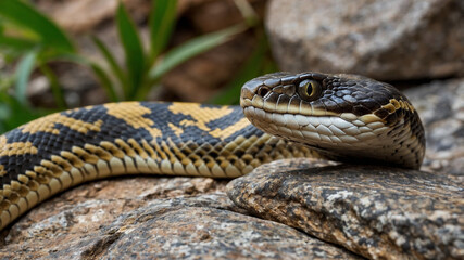 Fototapeta premium 4k close up snake in the forest junggle rock. python snake.