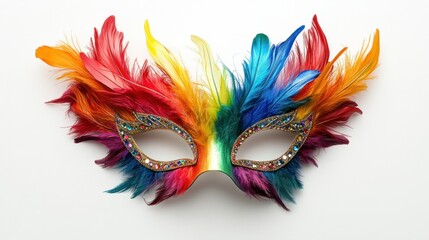Feathered mask with multicolored plumes and rhinestones, bold and playful for a party, isolated on white background