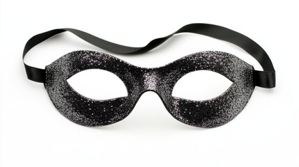 Glittery black mask with silver accents and a ribbon tie, elegant and mysterious for a night event, isolated on white background