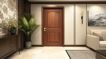 Fototapeta premium A beautifully designed wooden square door panel featuring a natural wood finish and a simple, small flower design. This elegant door panel embodies a formal aesthetic, showcasing the craftsmanship 