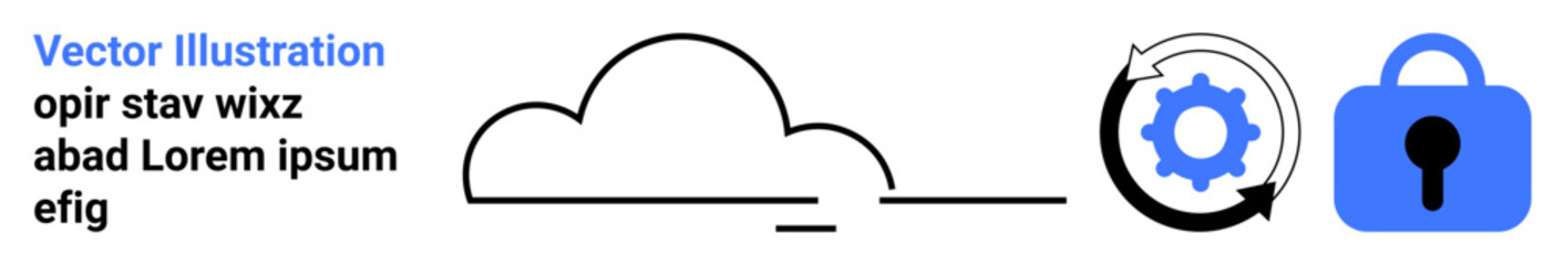 Simple vector symbols including a cloud outline, settings gear, and a padlock with keyhole. Ideal for cloud computing, security, technology, data protection, and IT services. Banner for landing page