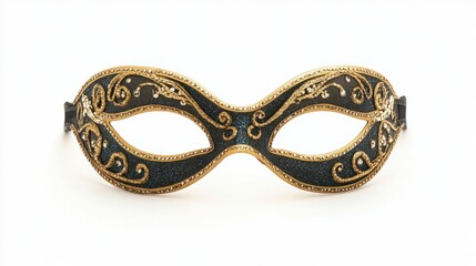 Gold and black mask with detailed embroidery, for a sophisticated night masquerade, isolated on white background