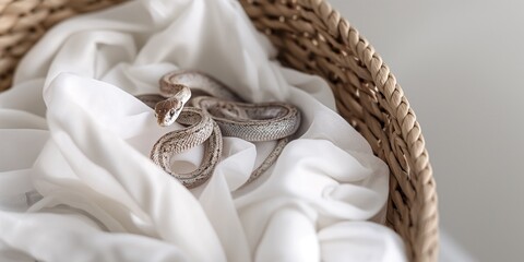 A snake is hiding in a laundry basket.