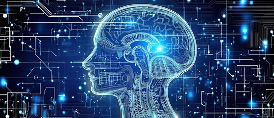 Obraz premium Human head in a digital space with a circuit board behind it.