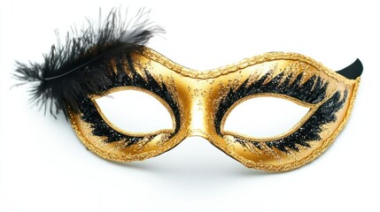 Gold and black masquerade mask with a bold feather accent, perfect for an extravagant night party, isolated on white background
