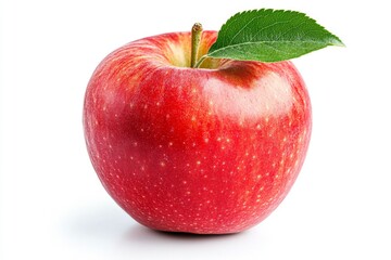 A single, red apple with a green leaf on a white background.