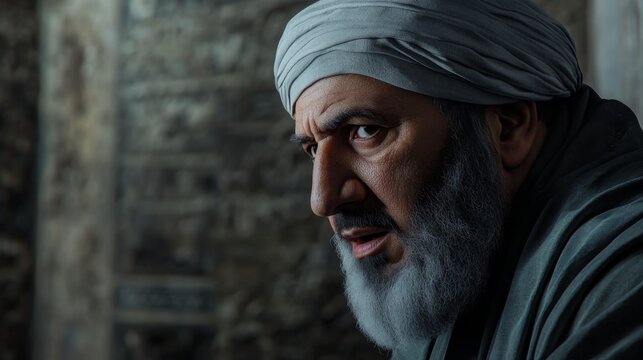 portrait of a bulky islamic scholar, he is delivering a speech
