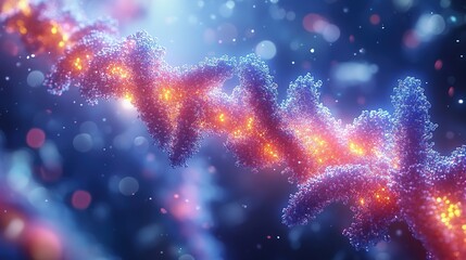 Obraz premium Abstract close-up of DNA strand with glowing particles.