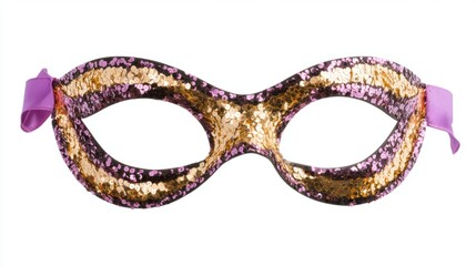 Gold and purple mask with sequins and a ribbon tie, elegant for a night event, isolated on white background