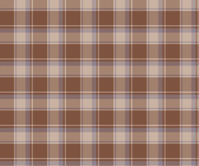 Plaid fabric pattern, brown, cream, purple, seamless for textiles, and for designing clothes, skirts or decorative fabrics. Vector illustration.