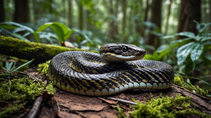 4k close up snake in the forest junggle rock. python snake.